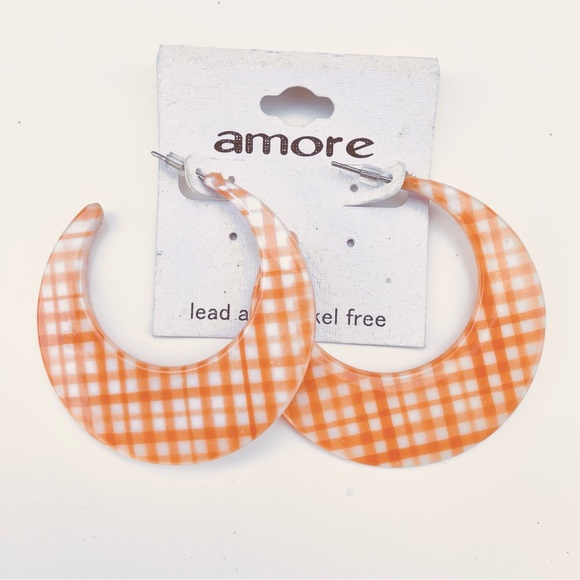 💎ESTATE JEWELRY SALE RETRO VINTAGE AMORE ORANGE PLAID PLASTIC HOOP EARRINGS - Picture 1 of 1